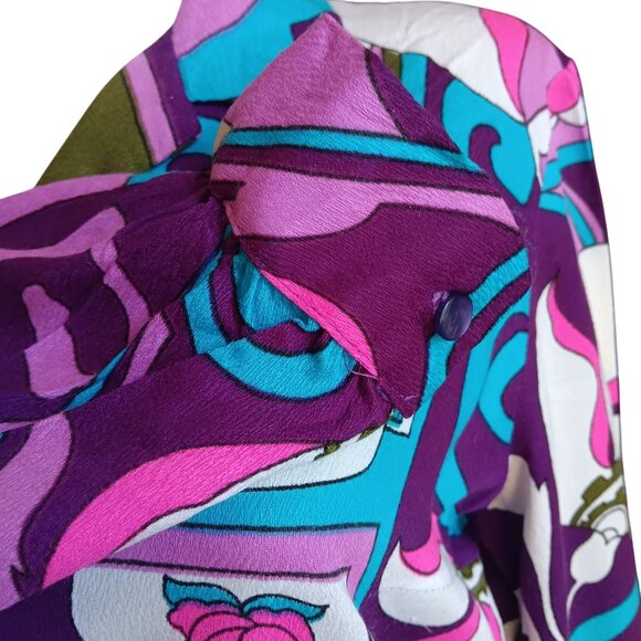 Large Vintage 70s Psychedelic Print Blouse Abstract Floral Groovy Granny Hippie - Picture 5 of 9